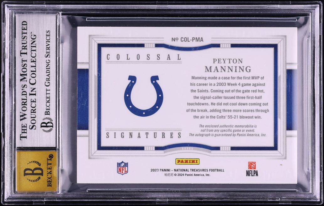 2023 National Treasures Colossal Prime Peyton Manning SHIELD PATCH AUTO 1/1 #COL-PMA BGS 8.5