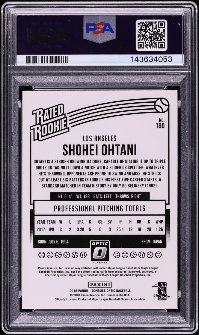 2018 Panini Chronicles Donruss Optic Shohei Ohtani ROOKIE #180 PSA 9 MINT