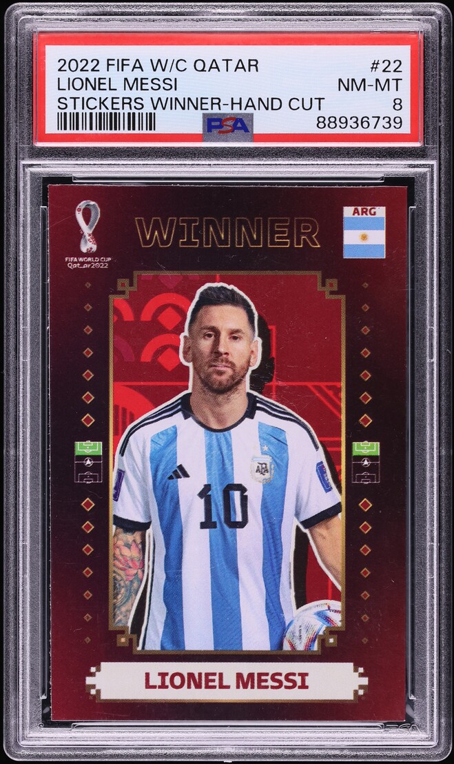 2022 Panini FIFA World Cup Qatar Stickers Winner Hand Cut Lionel Messi #22 PSA 8 NM-MT