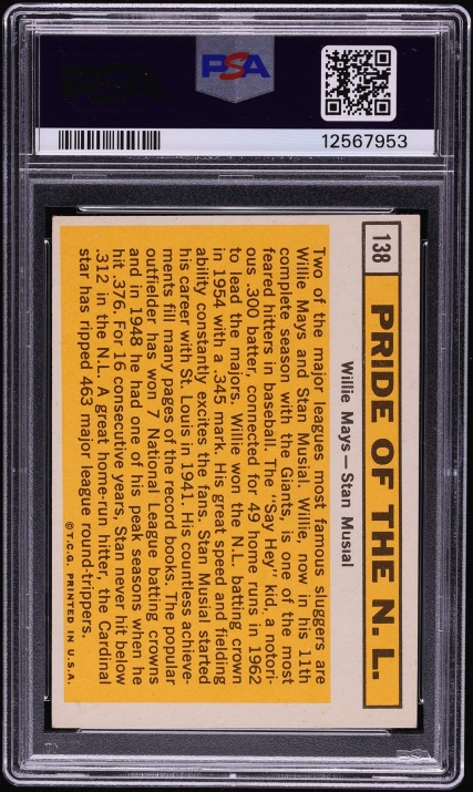 1963 Topps Willie Mays & Stan Musial PRIDE OF NL #138 PSA 5 EX