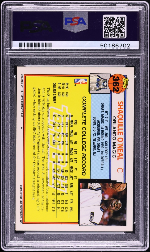 1992 Topps Gold Shaquille O'Neal ROOKIE #362 PSA 7 NRMT