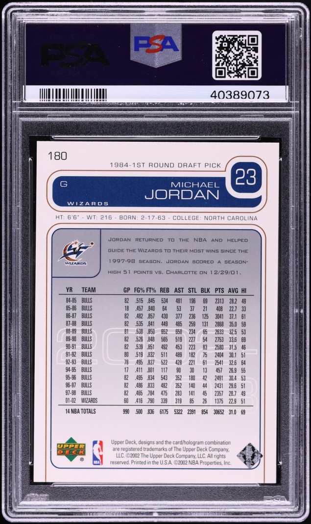 2002 Upper Deck Basketball Michael Jordan #180 PSA 10 GEM MINT