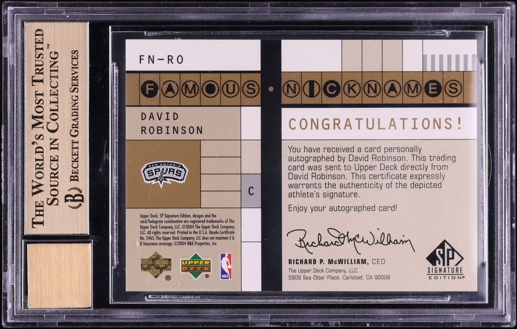 2003 SP Signature Edition Famous Nicknames David Robinson AUTO /100 #FN-RO BGS 9.5 GEM MINT