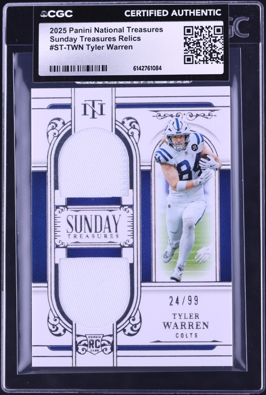 2025 National Treasures Sunday Tyler Warren ROOKIE PATCH /99 #ST-TWN CGC AUTH