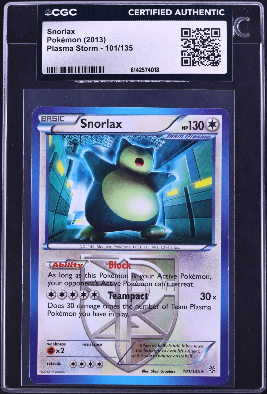 2013 Pokemon Black & White Plasma Storm Snorlax #101 CGC AUTH
