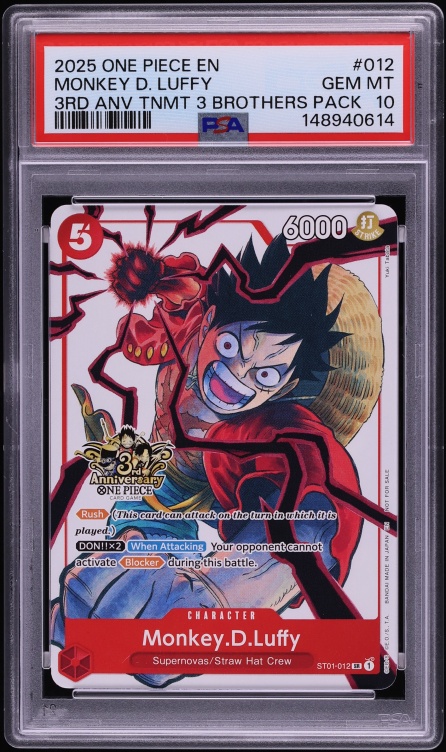 2025 One Piece Tournament Promos 3rd Anniversary 3 Brothers Pack Monkey D. Luffy #012 PSA 10