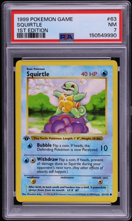 1999 Pokemon Base Set Shadowless 1st Edition Squirtle #63 PSA 7 NRMT