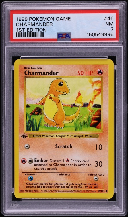 1999 Pokemon Base Set Shadowless 1st Edition Charmander #46 PSA 7 NRMT
