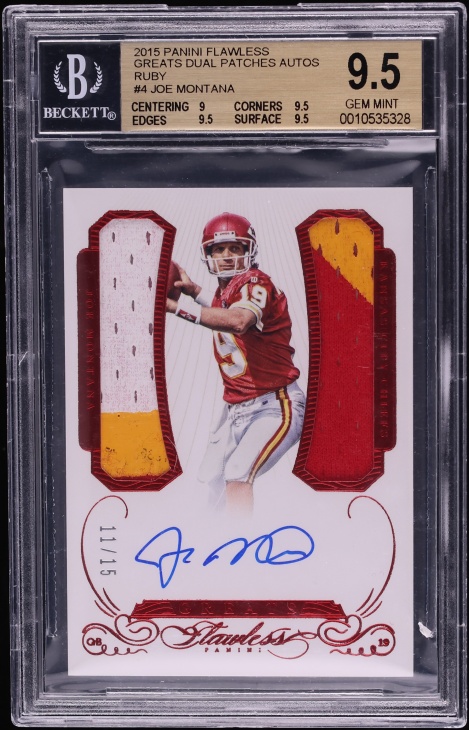 2015 Panini Flawless Greats Dual Ruby Joe Montana GAME-USED PATCH AUTO /15 #4 BGS 9.5 GEM MINT
