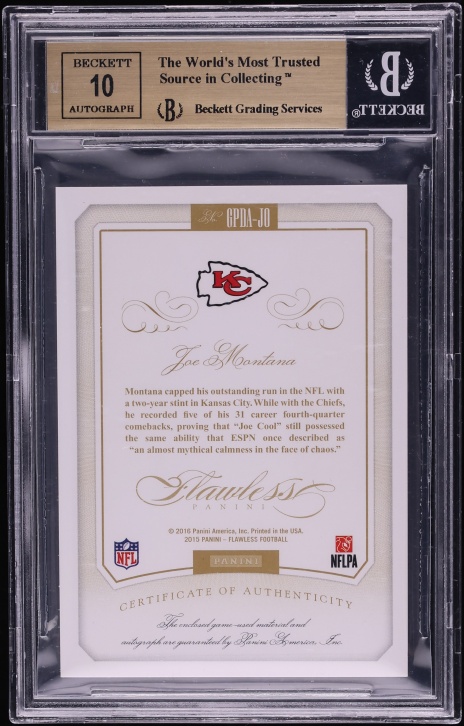 2015 Panini Flawless Greats Dual Ruby Joe Montana GAME-USED PATCH AUTO /15 #4 BGS 9.5 GEM MINT