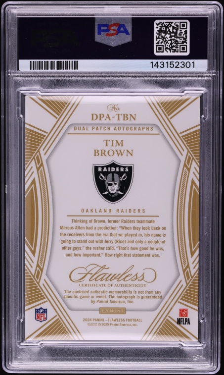 2024 Panini Flawless Dual Gold Tim Brown PATCH AUTO /25 #DPA-TBN PSA 9 MINT