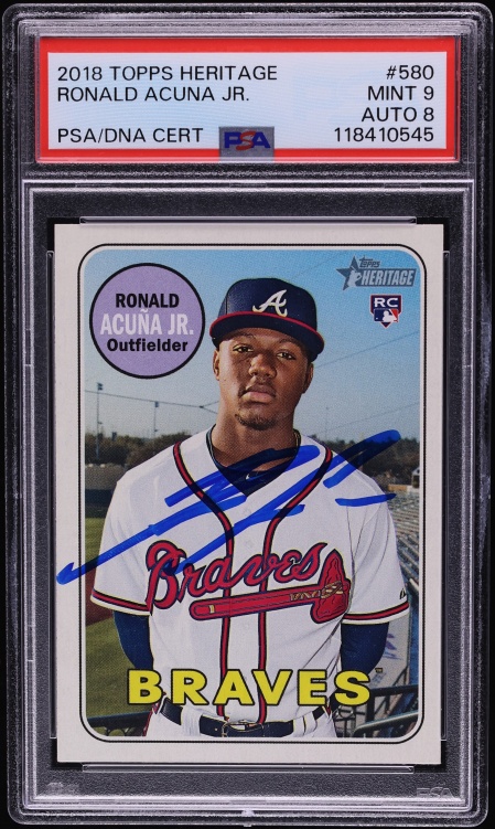 2018 Topps Heritage Ronald Acuna Jr. ROOKIE AUTO DNA 8 #580 PSA 9 MINT