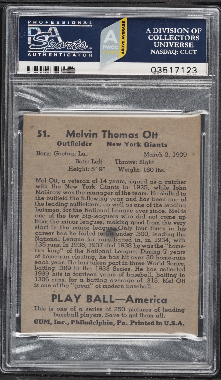 1939 Play Ball Mel Ott #51 PSA 7 NRMT