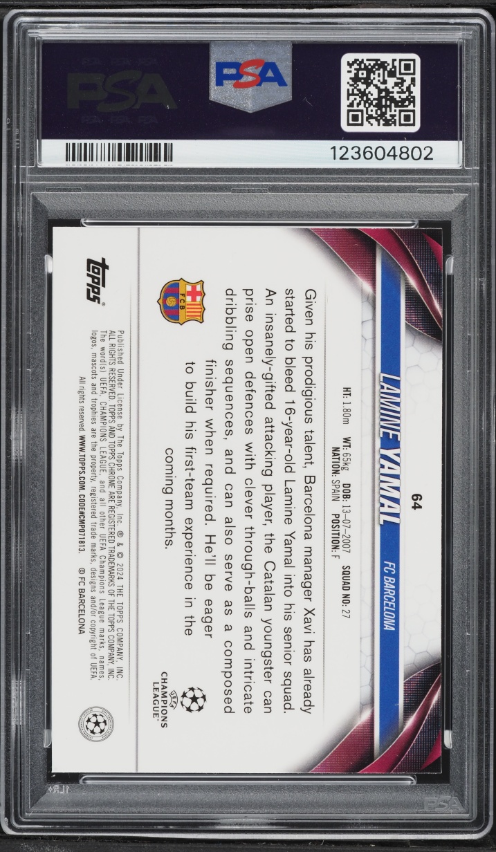 2023 Topps Chrome UEFA Club Competitions Lamine Yamal ROOKIE #64 PSA 10 GEM MINT
