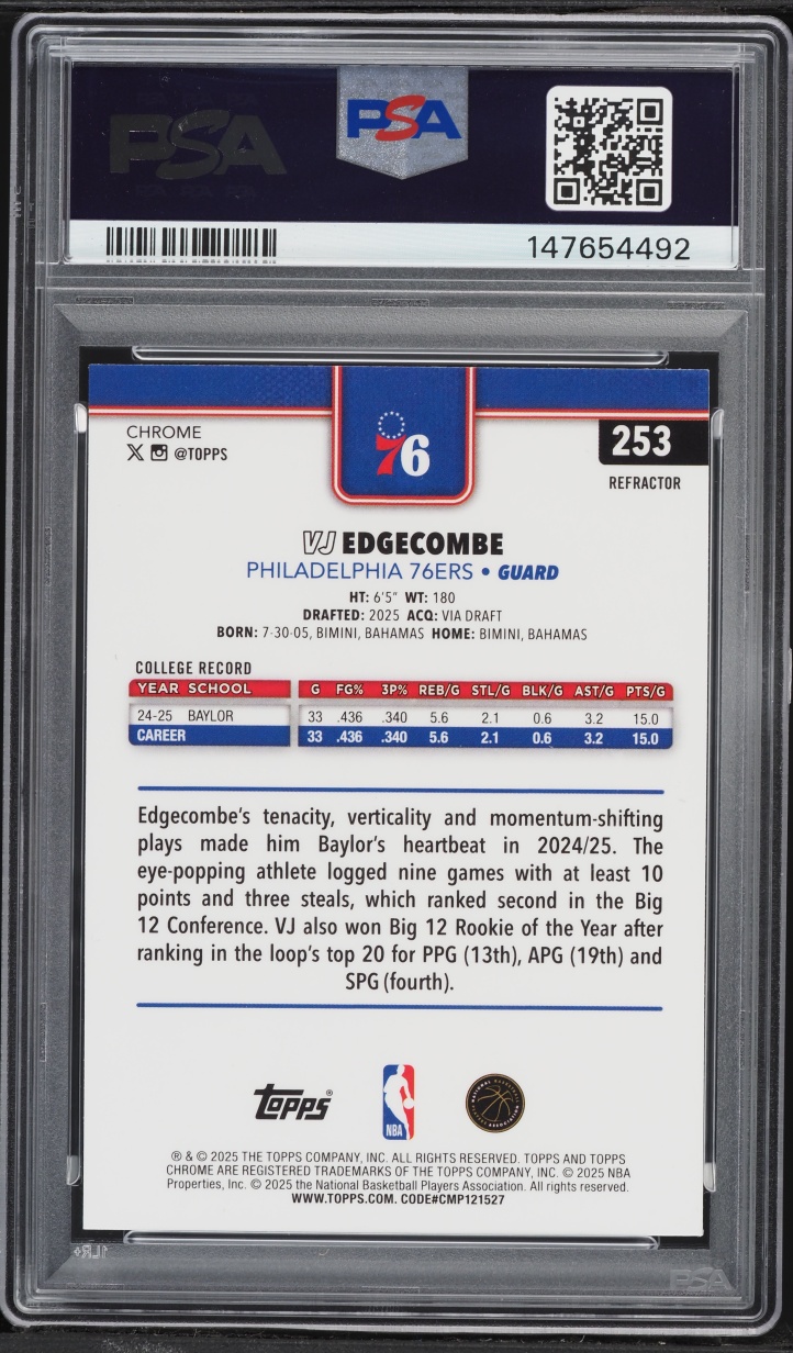 2025 Topps Chrome Refractor VJ Edgecombe ROOKIE #253 PSA 10 GEM MINT