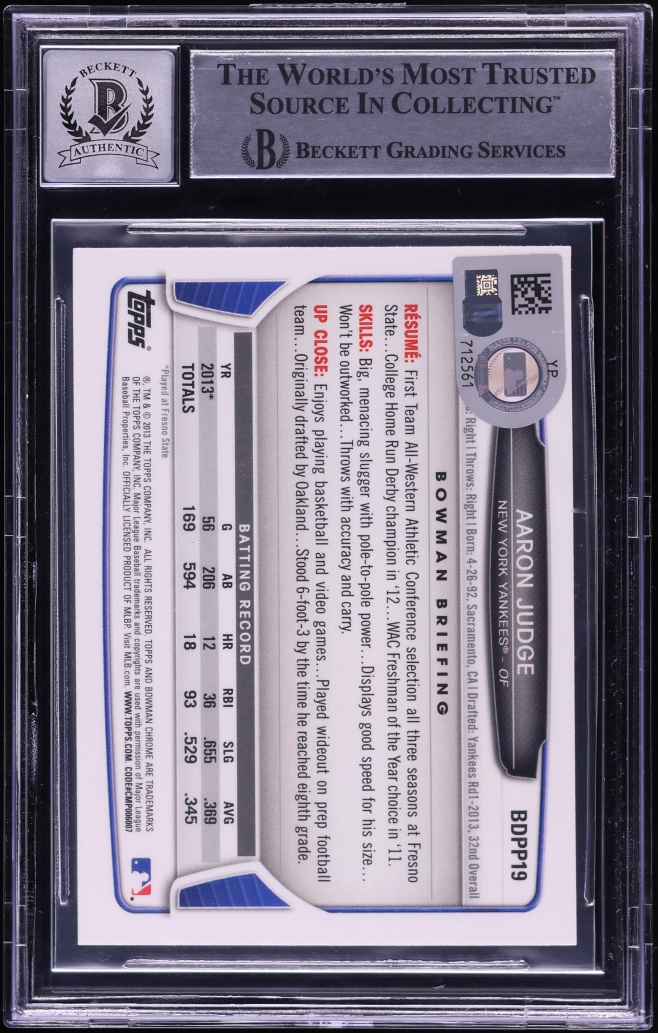 2013 Bowman Chrome Draft Refractor Aaron Judge PROSPECT AUTO #BDPP19 BGS AUTH