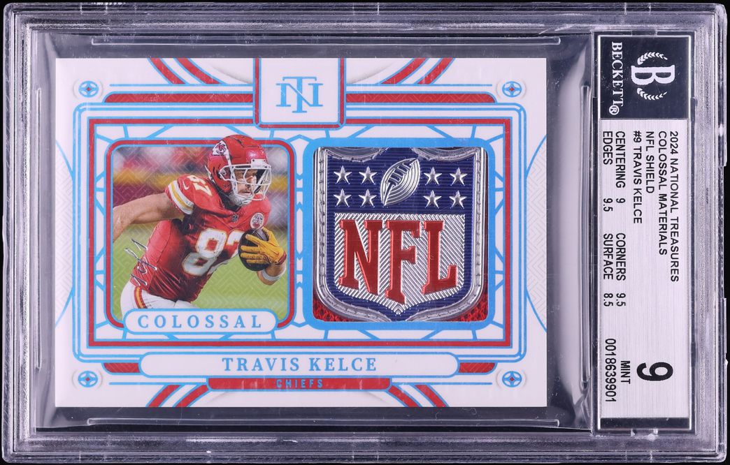 2024 National Treasures Colossal Travis Kelce SHIELD PATCH 1/1 #CM-TKE BGS 9 MINT