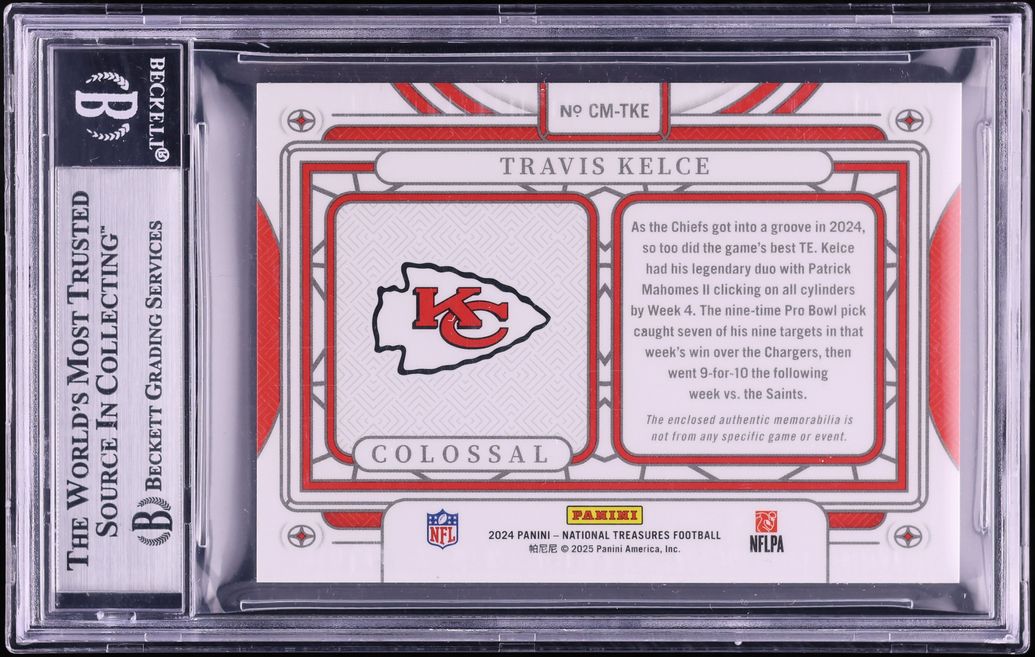 2024 National Treasures Colossal Travis Kelce SHIELD PATCH 1/1 #CM-TKE BGS 9 MINT