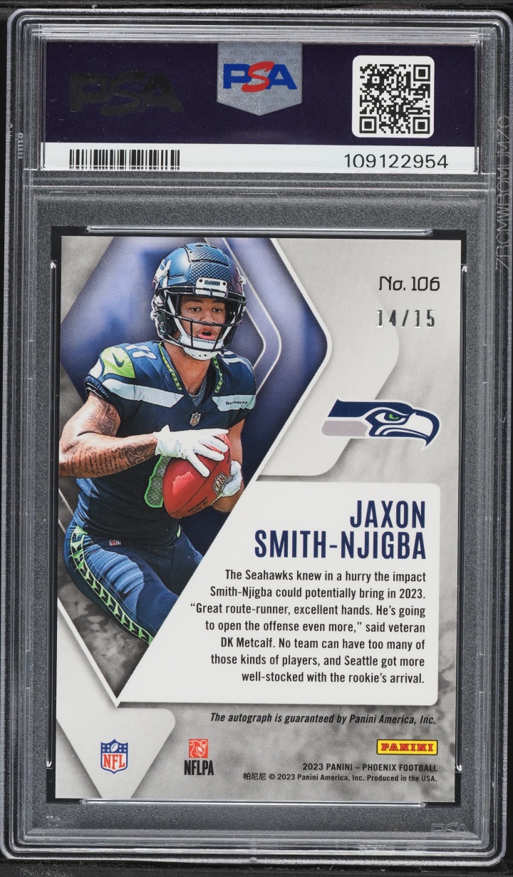 2023 Panini Phoenix Blue Ice Jaxon Smith-Njigba ROOKIE AUTO /15 #106 PSA 10 GEM MINT