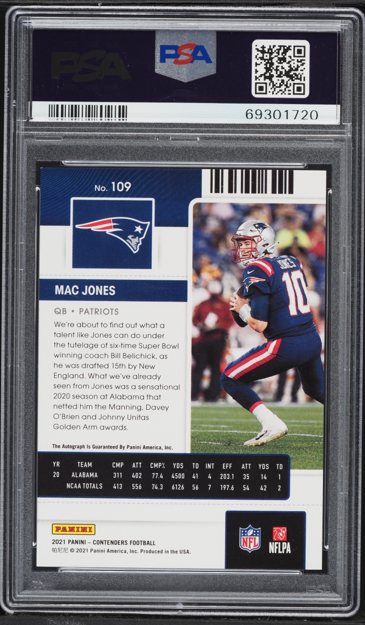 2021 Panini Contenders Ticket Mac Jones ROOKIE AUTO DNA AUTH #109 PSA 8 NM-MT