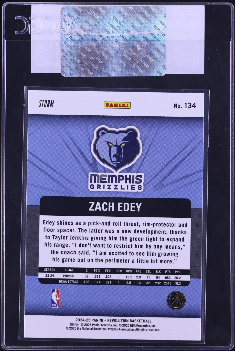 2024 Panini Revolution Blue Storm Zach Edey ROOKIE #134 CGC AUTH