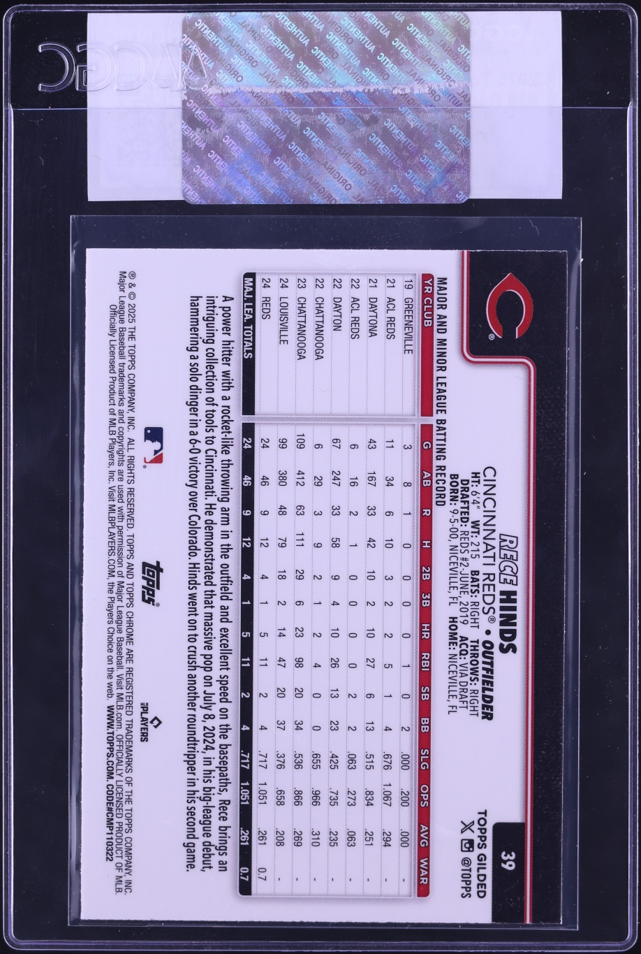 2025 Topps Chrome Gilded Collection Rece Hinds ROOKIE /99 #39 CGC AUTH