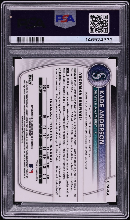 2025 Bowman Chrome Draft Blue Wave Kade Anderson PROSPECT AUTO /150 #CPA-KA PSA 10 GEM MINT