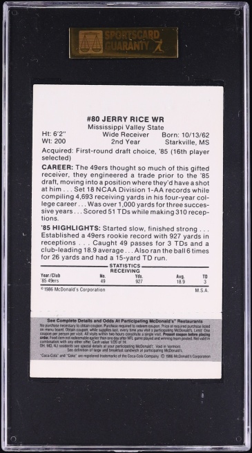1986 McDonald's 49ers w/ Unscratched Tab Jerry Rice ROOKIE #80 SGC 8 NM-MT