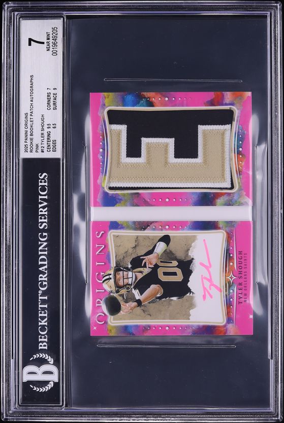 2025 Panini Origins Booklet Pink Tyler Shough ROOKIE PATCH AUTO /10 #RBPA-TSH BGS 7 NRMT
