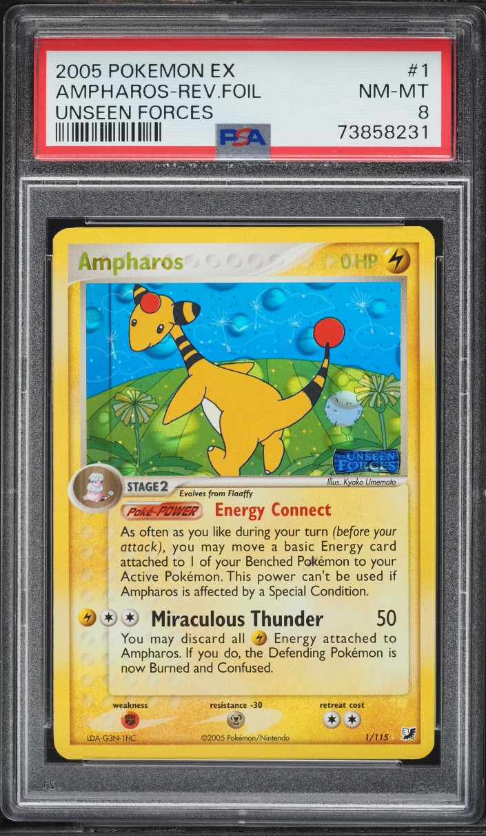 2005 Pokemon EX Unseen Forces Reverse Holo Ampharos #1 PSA 8 NM-MT