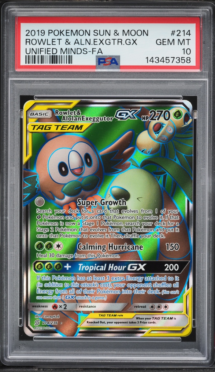 2019 Pokemon Sun & Moon Unified Minds Full Art Rowlet Alolan Exeggutor GX #214 PSA 10 GEM MINT