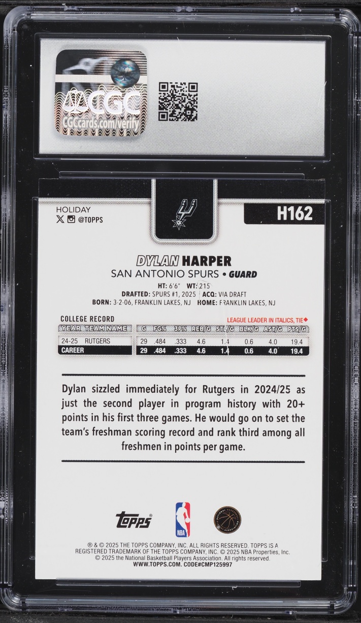 2025 Topps Holiday Dylan Harper ROOKIE #H162 CGC 10 GEM MINT