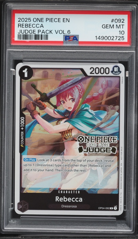 2025 One Piece Tournament Promo Judge Pack Volume 6 Rebecca #OP04-092 CGC 10 GEM MINT on Fanatics Collect 2025 One Piece Tournament Promo Judge Pack Volume 6 Rebecca #OP04-092 CGC 10 GEM MINT on Fanatics Collect