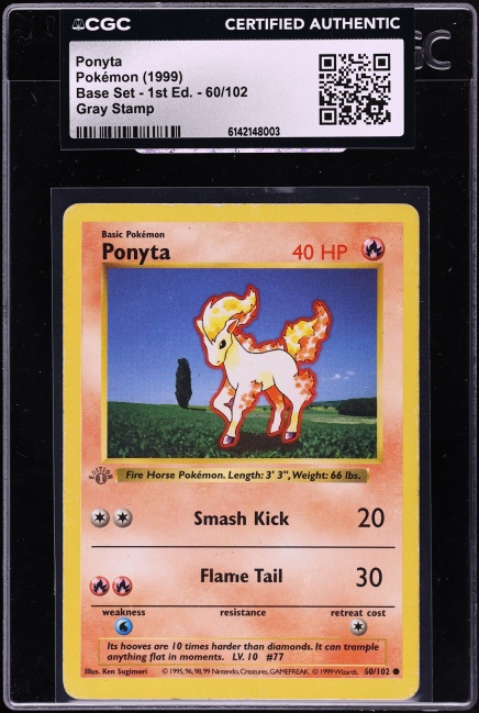 1999 Pokemon Base Set Shadowless 1st Edition Gray Stamp Ponyta #60 CGC AUTH
