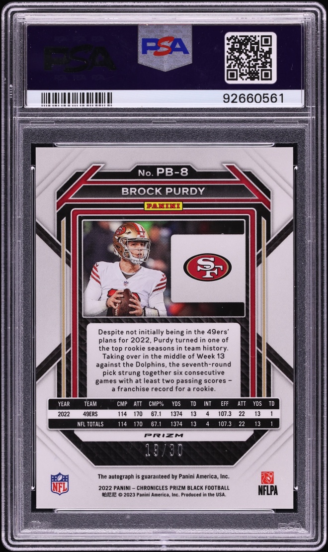 2022 Panini Chronicles Prizm Black Red Brock Purdy ROOKIE AUTO /30 #PB-8 PSA 10 GEM MINT