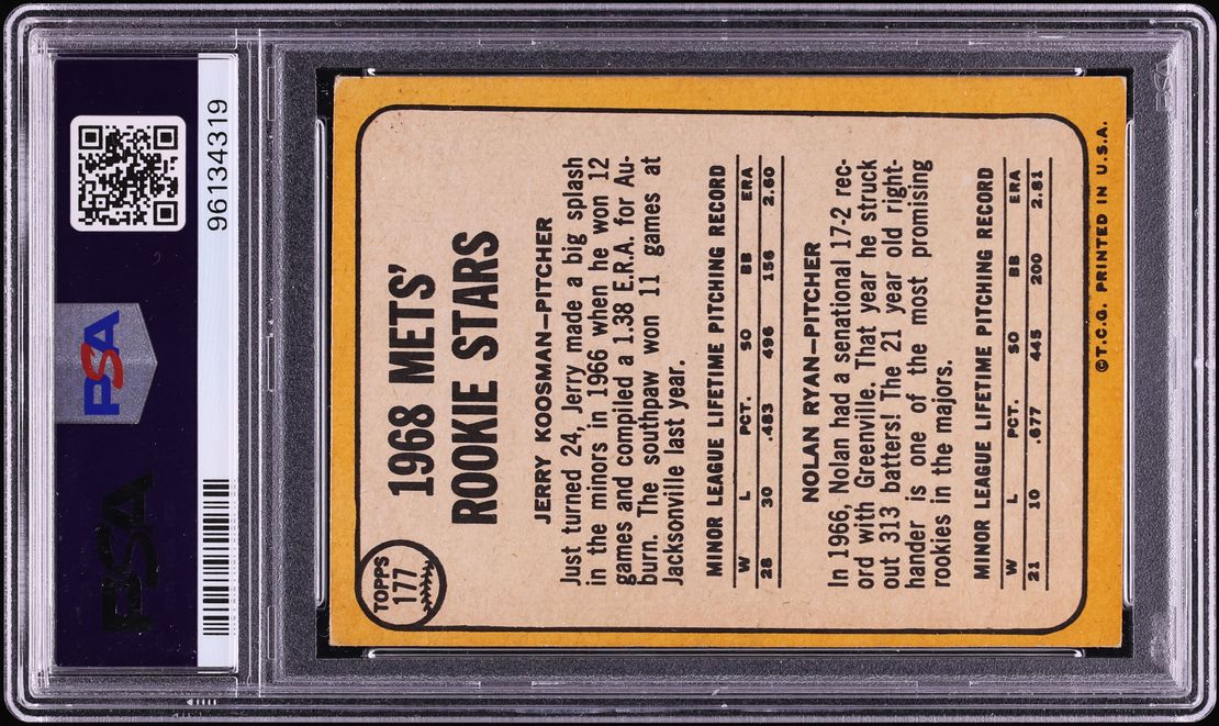 1968 Topps Jerry Koosman & Nolan Ryan ROOKIE #177 PSA 3 VG