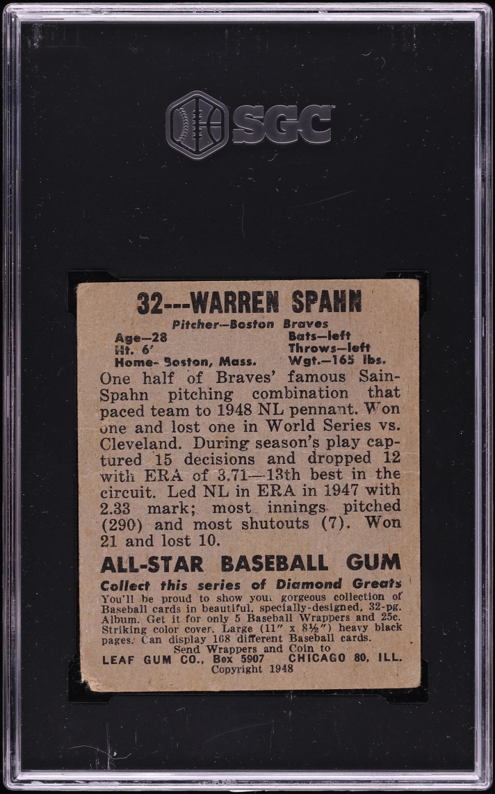 1948 Leaf Warren Spahn ROOKIE #32 SGC 1 PR