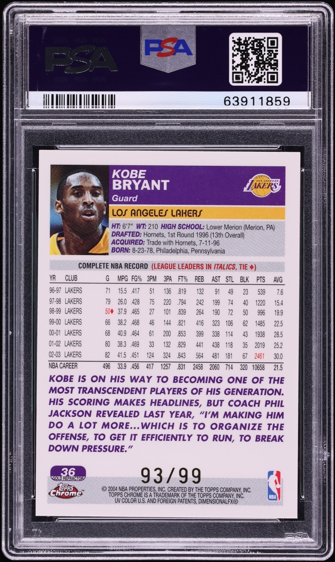 2003 Topps Chrome Gold Refractor Kobe Bryant /99 #36 PSA 9 MINT
