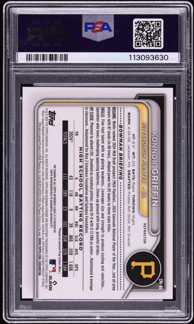 2024 Bowman Chrome Draft Refractor Konnor Griffin PROSPECT AUTO /499 #CPA-KG PSA 10 GEM MINT