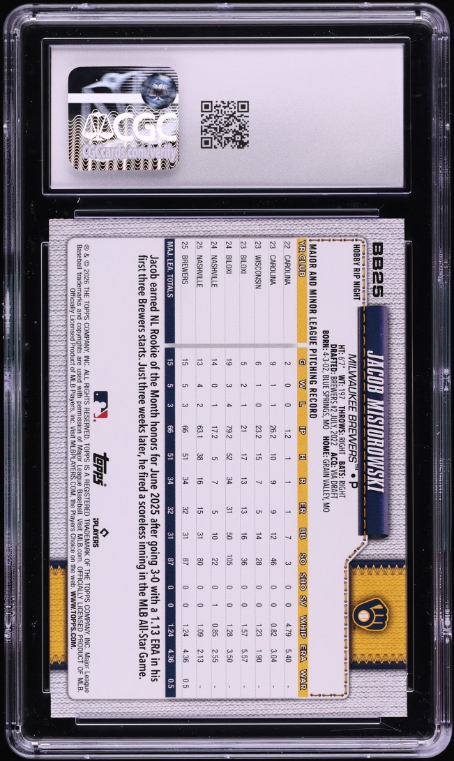 2026 Topps Hobby Rip Night Jacob Misiorowski ROOKIE #BB25 CGC 10 GEM MINT