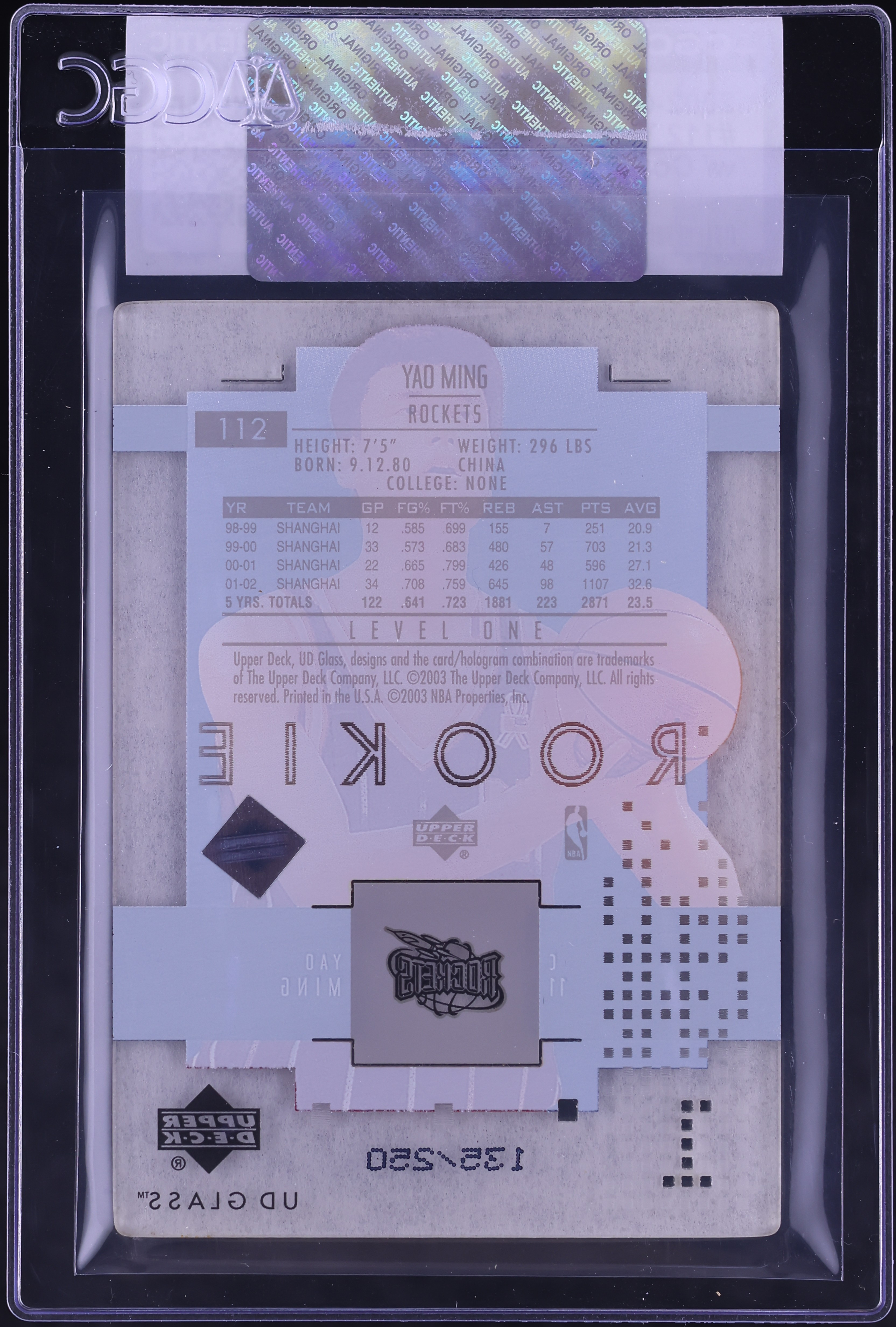 2002 Upper Deck Glass Yao Ming ROOKIE /250 #112 CGC AUTH on 