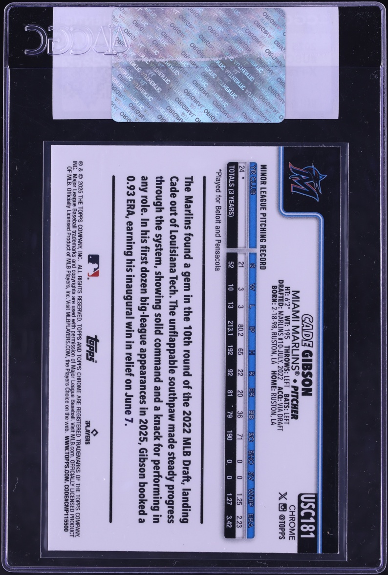 2025 Topps Chrome Update Xfractor Cade Gibson ROOKIE #USC181 CGC AUTH