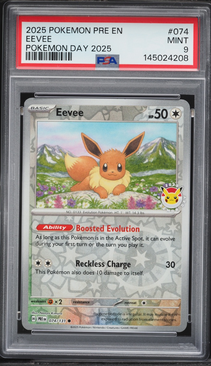 2025 Pokemon SV Prismatic Evolutions Day '25 Reverse Holo Eevee #74 PSA 9 MINT