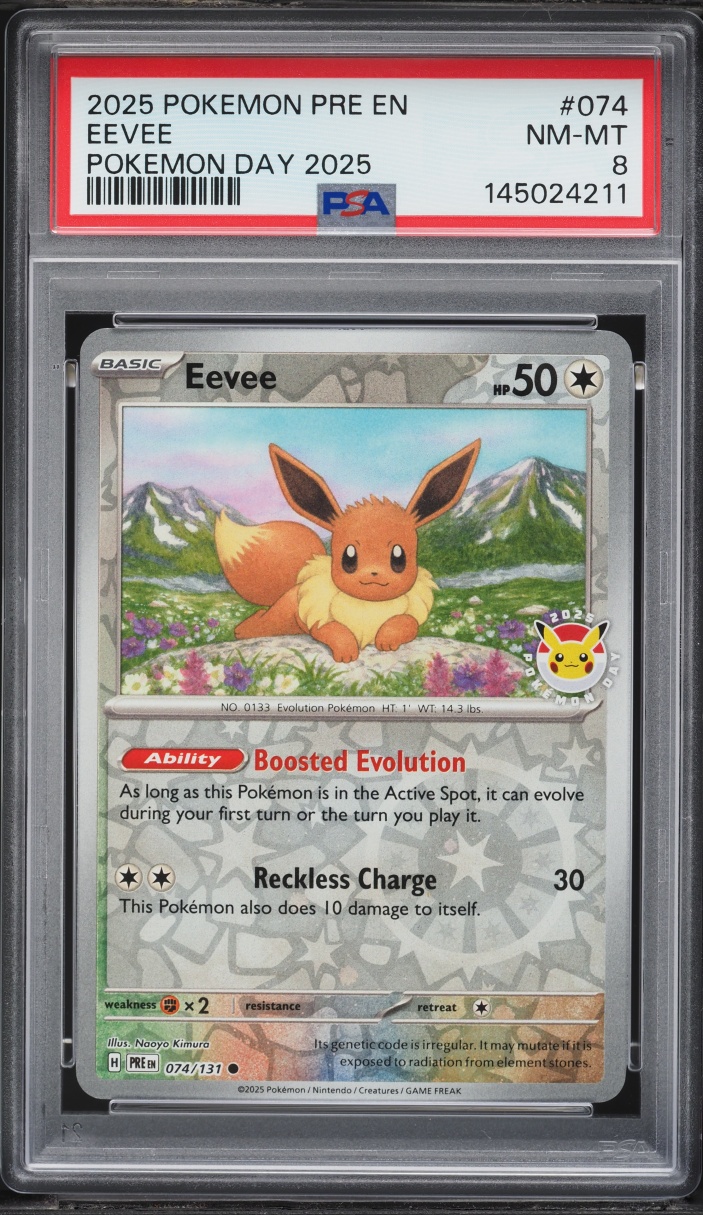 2025 Pokemon SV Prismatic Evolutions Day '25 Reverse Holo Eevee #74 PSA 8 NM-MT