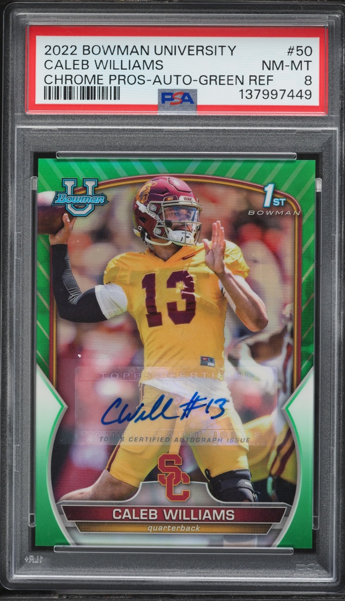 2022 Bowman University Chrome Green Refractor Caleb Williams ROOKIE AUTO /99 #50 PSA 8 NM-MT