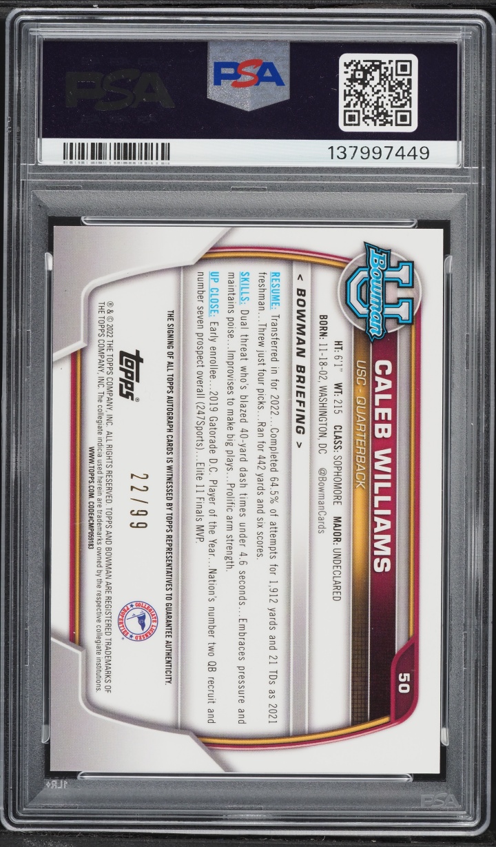 2022 Bowman University Chrome Green Refractor Caleb Williams ROOKIE AUTO /99 #50 PSA 8 NM-MT