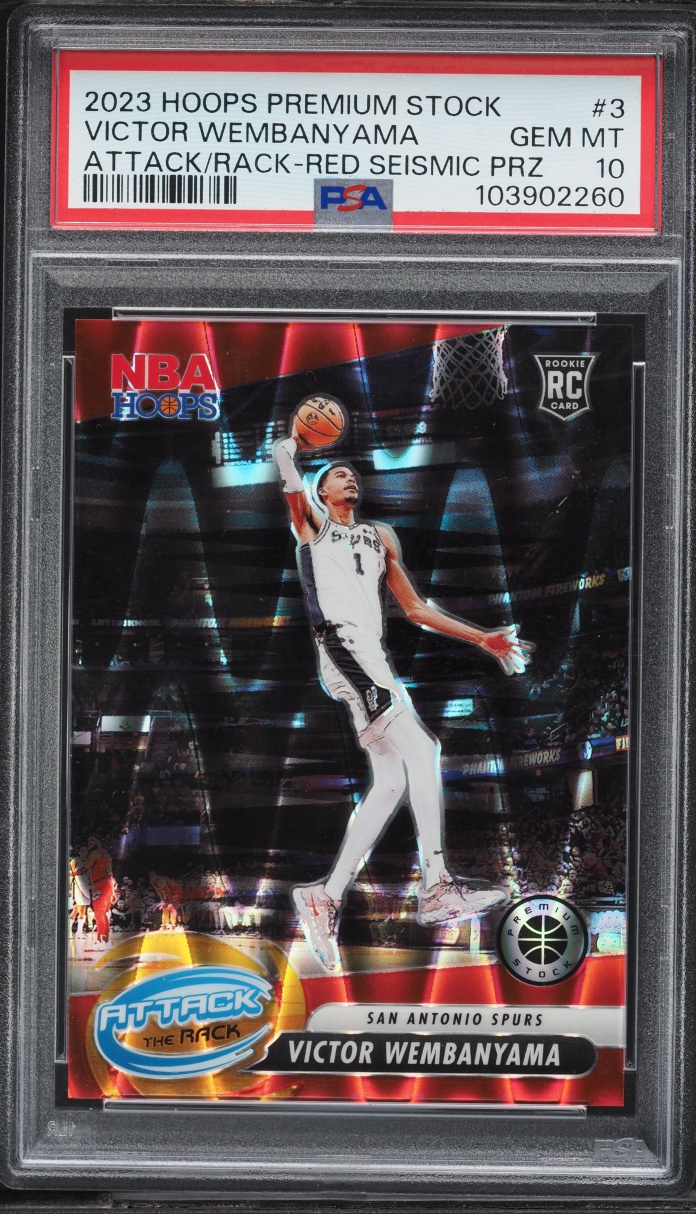 2023 Hoops Premium Stock Attack The Rack Red Seismic Primz Victor Wembanyama RC /199 PSA 10 GEM