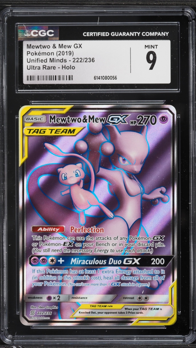 2019 Pokemon Sun & Moon Unified Minds Full Art Mewtwo & Mew GX #222 CGC 9 MINT