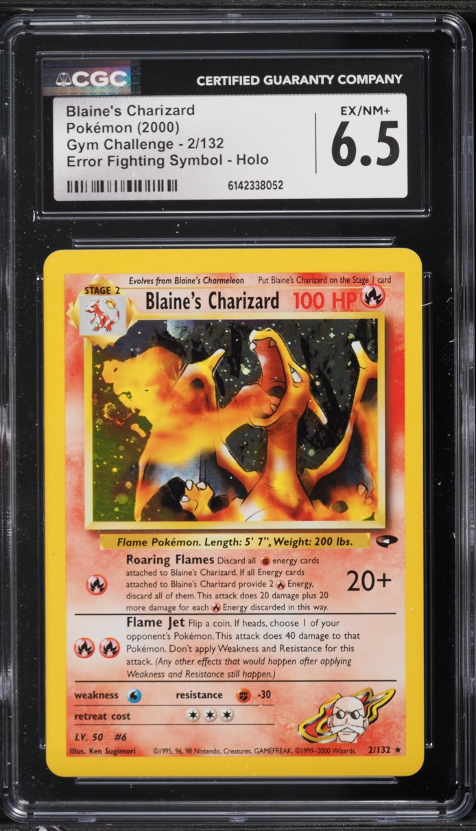 2000 Pokemon Gym Challenge Error Fighting Symbol Holo Blaine's Charizard #2 CGC 6.5 EXMT+