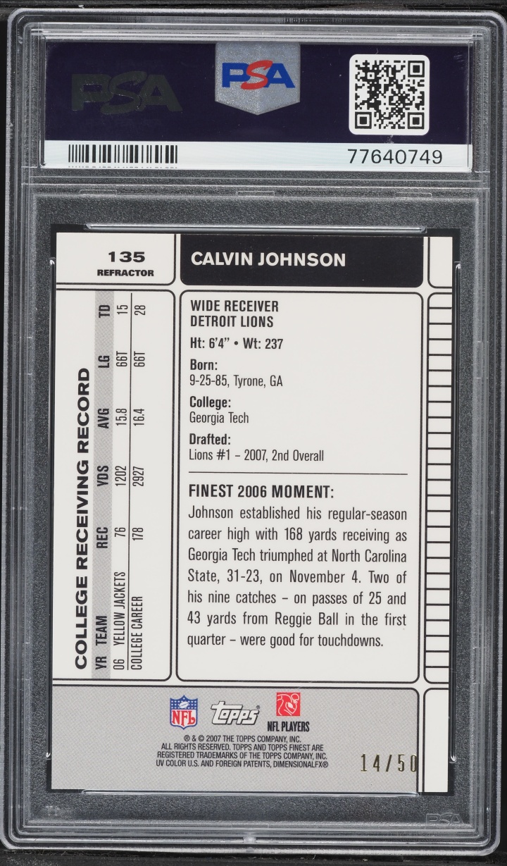 2007 Finest Gold Refractor Calvin Johnson ROOKIE /50 #135 PSA 10 GEM MINT